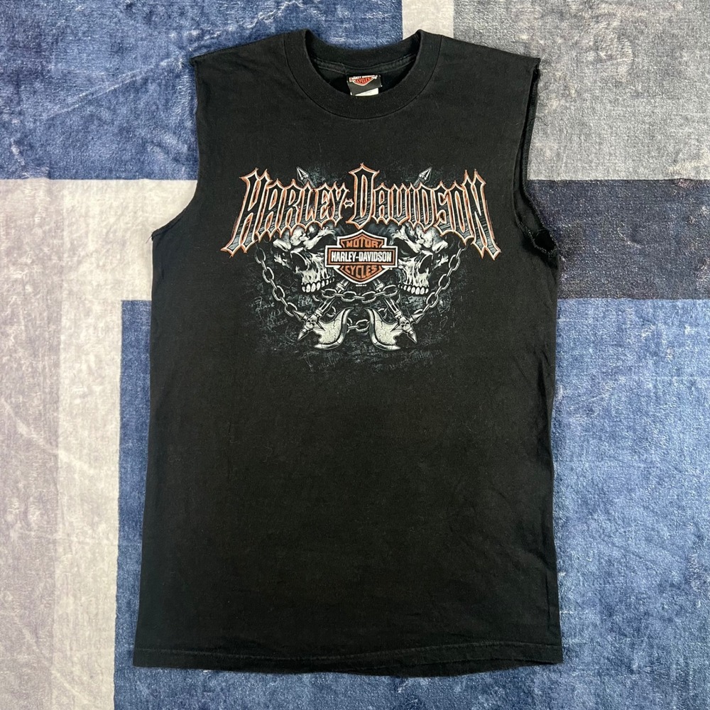 Y2K Harley-Davidson Brandon FL Sleeveless Shirt Mens Medium Black Skull Axe 2009